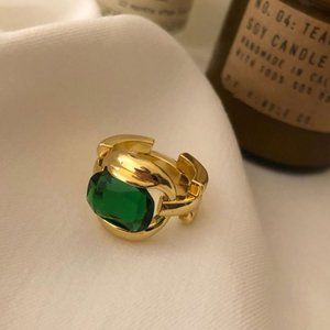 925 Sterling Silver Gold Chunky Thick Bold Statement Ring Green Gemstone